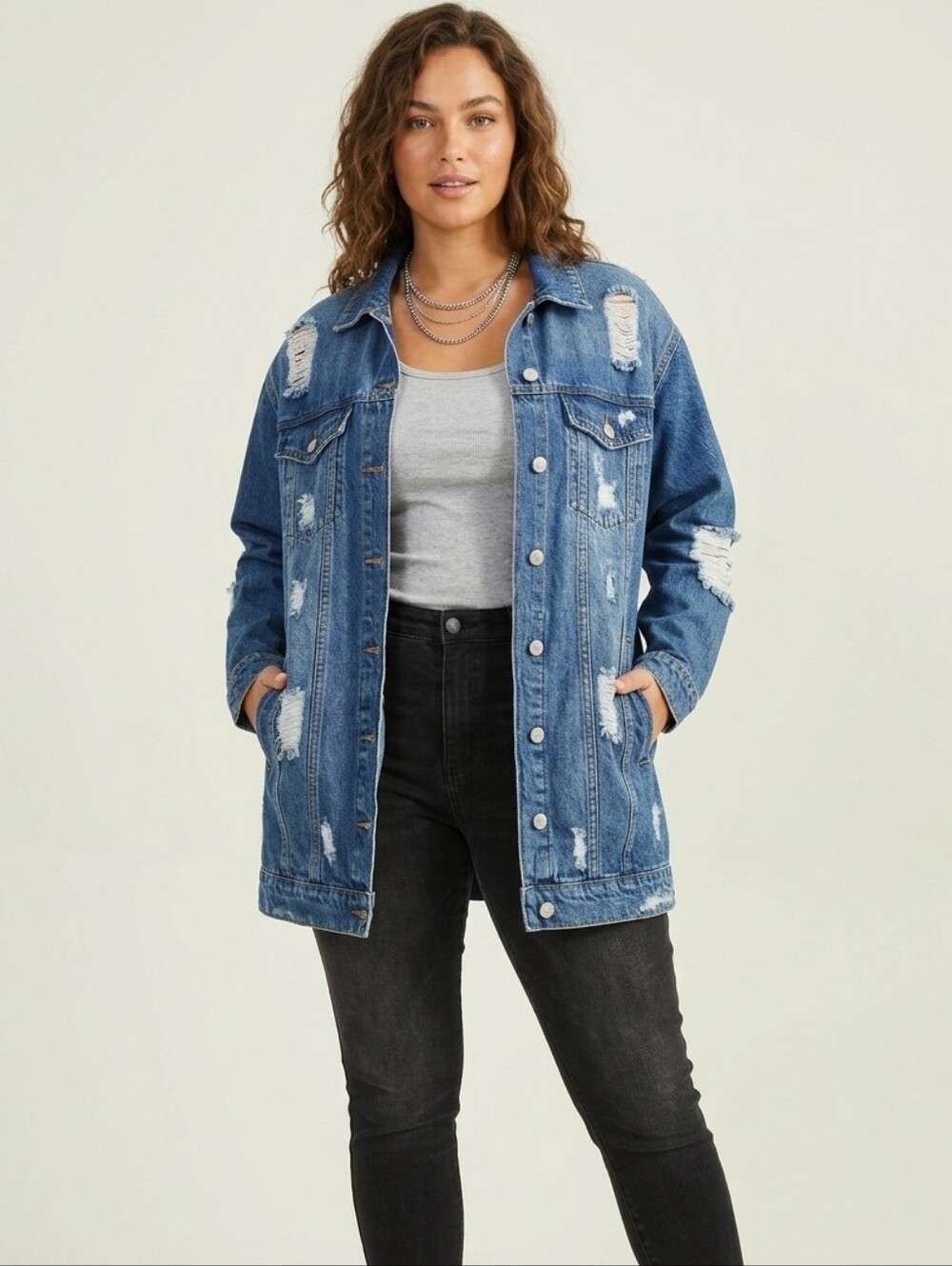 Wishing Waves Washed Blue Distressed Denim Jacket - Oversized Women Size M